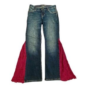 Women's Upcycled Flared Jeans with Pink Lace Accents